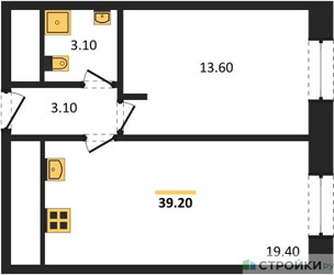 Планировка однокомнатной(квартира) площадью 39.2 квадратных метров в ЖК “ЖК ЗИЛАРТ”