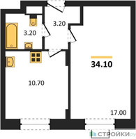 Планировка однокомнатной(квартира) площадью 34.1 квадратных метров в “ЖК Люберцы”