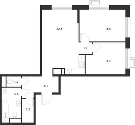 Планировка двухкомнатной(квартира) площадью 64.3 квадратных метров в ЖК “ЖК Форевиль”