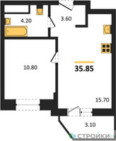 Планировка однокомнатной(квартира) площадью 35.85 квадратных метров в “ЖК ВОСТОК II”