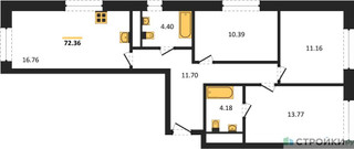 Планировка трехкомнатной(квартира) площадью 72.36 квадратных метров в “ЖК Городские Истории”