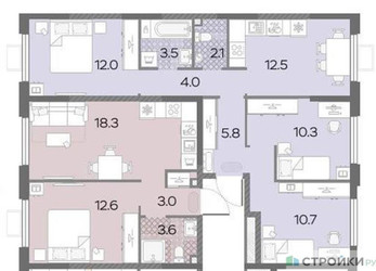 Планировка трехкомнатной(квартира) площадью 60.9 квадратных метров в ЖК “ЖК Лучи-2”