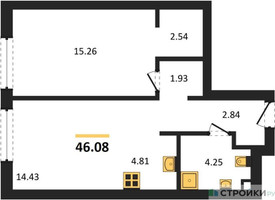 Планировка однокомнатной(квартира) площадью 46.08 квадратных метров в “ЖК Солос”