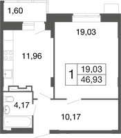 Планировка однокомнатной(квартира) площадью 46.93 квадратных метров в “ЖК Времена года”
