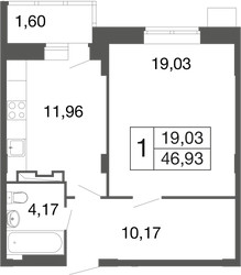 Планировка однокомнатной(квартира) площадью 46.93 квадратных метров в ЖК “ЖК Времена года”