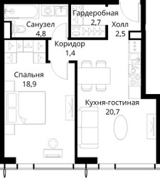 Планировка однокомнатной(квартира) площадью 51 квадратных метров в ЖК “ЖК Сити Бэй”
