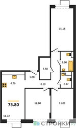 Планировка трехкомнатной(квартира) площадью 75.8 квадратных метров в ЖК “ЖК Алхимово”