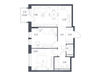 Планировка двухкомнатной(квартира) площадью 53 квадратных метров в ЖК “ЖК Новое Видное”