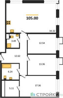 Планировка трехкомнатной(квартира) площадью 105 квадратных метров в “ЖК LIFE Варшавская”