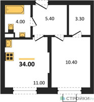 Планировка однокомнатной(квартира) площадью 34 квадратных метров в “ЖК Видный берег 2”