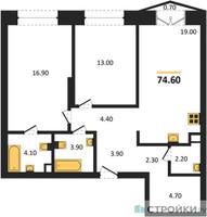 Планировка двухкомнатной(квартира) площадью 74.6 квадратных метров в “ЖК КОД Сокольники”