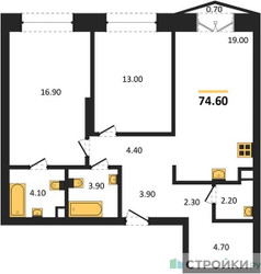 Планировка двухкомнатной(квартира) площадью 74.6 квадратных метров в ЖК “ЖК КОД Сокольники”