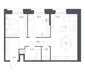 Планировка двухкомнатной(апартаменты) площадью 64.58 квадратных метров в ЖК “ЖК Апарт-отель Тропарево парк”