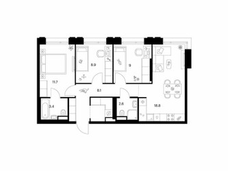 Планировка трехкомнатной(квартира) площадью 65.6 квадратных метров в ЖК “ЖК Москворечье”