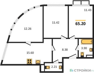 Планировка трехкомнатной(квартира) площадью 65.2 квадратных метров в “ЖК Движение. Говорово”