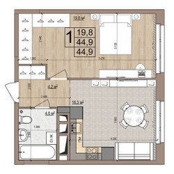 Планировка однокомнатной(квартира) площадью 44.9 квадратных метров в ЖК “ЖК Гранд Комфорт”