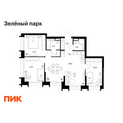 Планировка трехкомнатной(квартира) площадью 74.1 квадратных метров в ЖК “ЖК Зеленый парк”