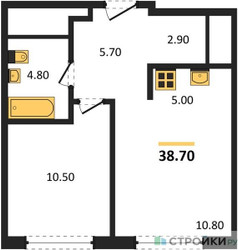 Планировка однокомнатной(квартира) площадью 38.7 квадратных метров в ЖК “ЖК Сиреневый парк”