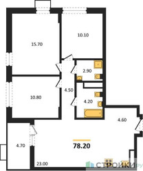 Планировка трехкомнатной(квартира) площадью 78.2 квадратных метров в ЖК “ЖК Прокшино”