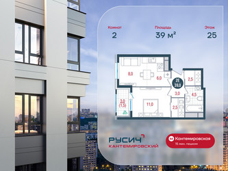 Планировка двухкомнатной(квартира) площадью 39 квадратных метров в ЖК “ЖК РУСИЧ-Кантемировский”