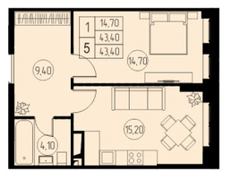Планировка однокомнатной(квартира) площадью 43.4 квадратных метров в “ЖК 31 КВАРТАЛ”