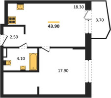 Планировка однокомнатной(квартира) площадью 43.9 квадратных метров в “ЖК "Коллекция"”