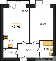 Планировка однокомнатной(квартира) площадью 42.7 квадратных метров в “ЖК Skolkovo ONE (Сколково Уан)”
