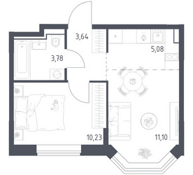Планировка однокомнатной(квартира) площадью 33.83 квадратных метров в ЖК “ЖК Квартал Домашний”
