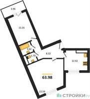 Планировка двухкомнатной(квартира) площадью 63.98 квадратных метров в “ЖК Домодедово Парк”