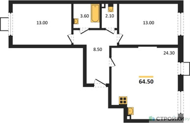 Планировка двухкомнатной(квартира) площадью 64.5 квадратных метров в ЖК “ЖК Лучи-2”