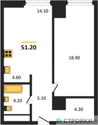 Планировка однокомнатной(квартира) площадью 51.2 квадратных метров в ЖК “ЖК Мираполис”