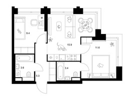 Планировка двухкомнатной(квартира) площадью 49.2 квадратных метров в “ЖК Строгино 360”