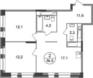 Планировка двухкомнатной(квартира) площадью 59.5 квадратных метров в ЖК “ЖК Первый Московский”