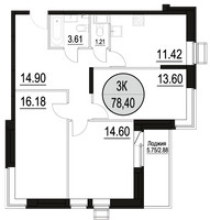 Планировка трехкомнатной(квартира) площадью 78.4 квадратных метров в “ЖК Солнечный парк”