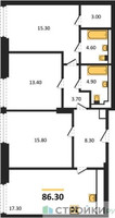 Планировка трехкомнатной(квартира) площадью 86.3 квадратных метров в “ЖК INJOY (Инджой)”