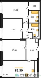 Планировка трехкомнатной(квартира) площадью 86.3 квадратных метров в ЖК “ЖК INJOY (Инджой)”