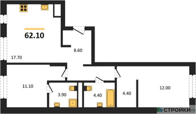 Планировка двухкомнатной(квартира) площадью 62.1 квадратных метров в ЖК “ЖК Детали”