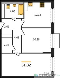 Планировка двухкомнатной(квартира) площадью 51.32 квадратных метров в ЖК “ЖК Томилино Парк”