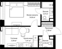 Планировка однокомнатной(квартира) площадью 35.36 квадратных метров в “ЖК Веер”