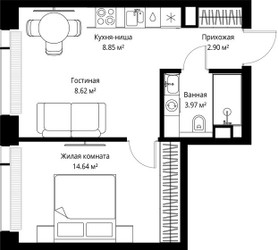Планировка однокомнатной(квартира) площадью 38.98 квадратных метров в ЖК “ЖК Веер”