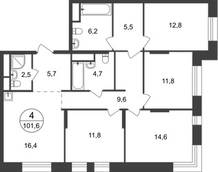 Планировка 4+ комнатной(квартира) площадью 101.6 квадратных метров в ЖК “ЖК Первый Московский”
