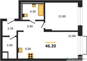 Планировка однокомнатной(апартаменты) площадью 46.2 квадратных метров в “ЖК Равновесие”