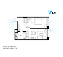Планировка однокомнатной(апартаменты) площадью 47.7 квадратных метров в “ЖК Резиденции Архитекторов”
