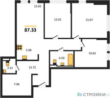 Планировка трехкомнатной(квартира) площадью 87.33 квадратных метров в “ЖК Остафьево”
