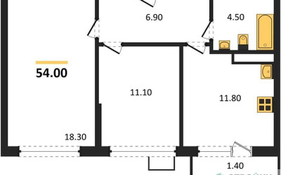 Планировка двухкомнатной(квартира) площадью 54 квадратных метров в ЖК “ЖК Южные сады”