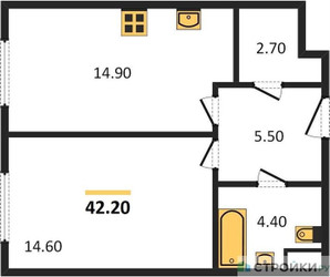 Планировка однокомнатной(квартира) площадью 42.2 квадратных метров в ЖК “ЖК Voxhall (Воксхолл)”