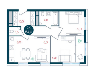 Планировка двухкомнатной(квартира) площадью 54 квадратных метров в ЖК “ЖК РУСИЧ-Кантемировский”