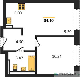 Планировка однокомнатной(квартира) площадью 34.1 квадратных метров в ЖК “ЖК Квартал Марьино”