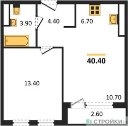 Планировка однокомнатной(квартира) площадью 40.4 квадратных метров в ЖК “ЖК Южные сады”