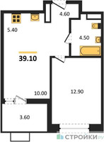 Планировка однокомнатной(квартира) площадью 39.1 квадратных метров в “ЖК Бунинские кварталы”